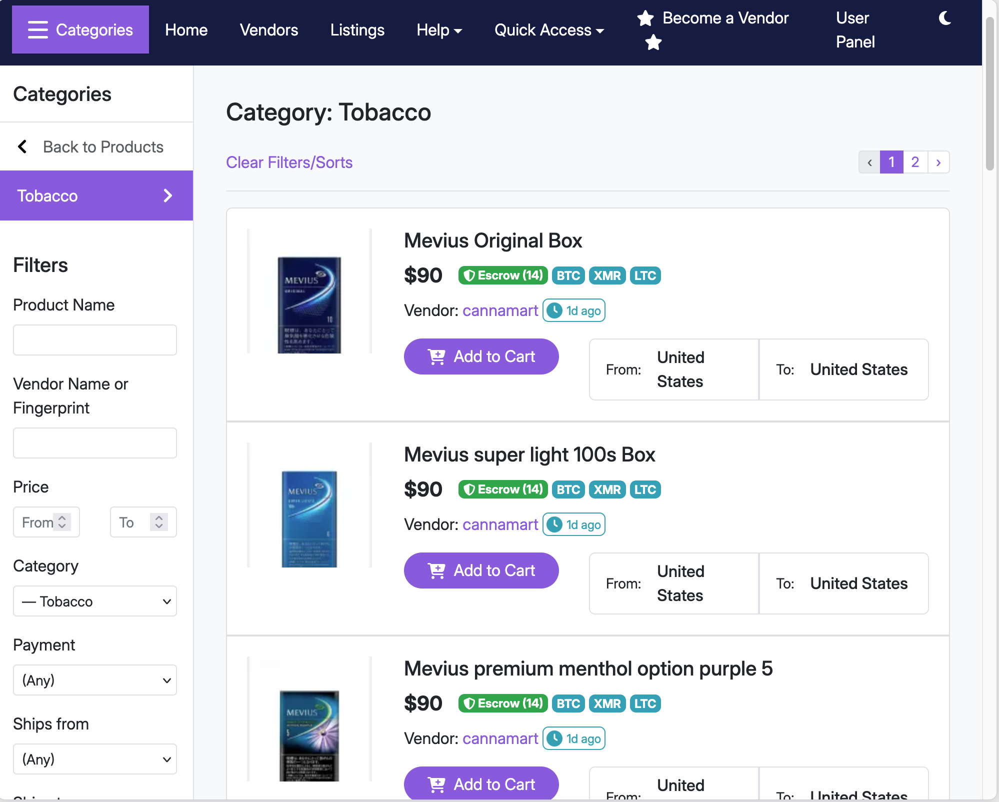 Mars Market main dashboard